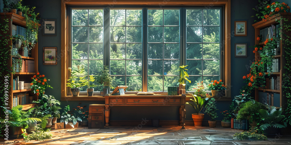 Nature-inspired mural: wooden desk, plants, books, natural light.generative ai