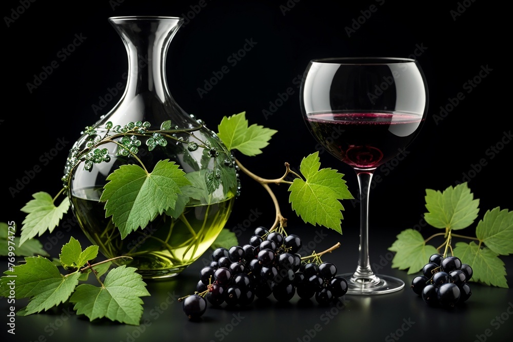 black currant liqueur, wine in a glass isolated on a green background