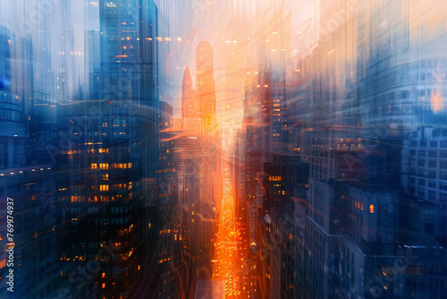 A blurry cityscape with a bright orange line in the middle