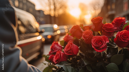 Flowers delivery concept. Bouquet of red roses in urban sunset light, concept of romantic gestures in the city