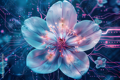 Abstract flower technology background in colorful neon.