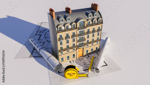 Classical Parisian building on top of blueprints © FrankBoston