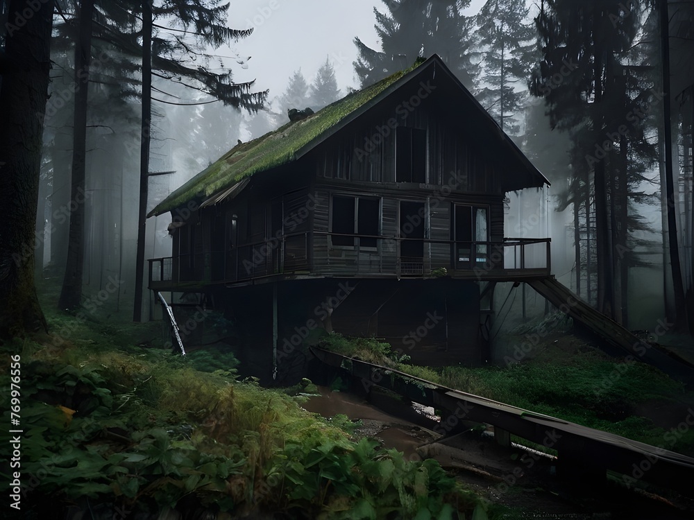 Abandoned dark house in the forest. Generative AI Abandoned dark house in the forest. Generative AI