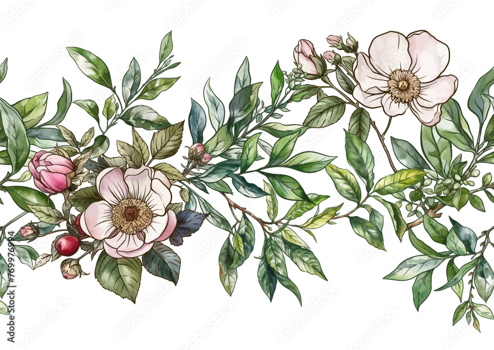 Green tea branch with leaves and wild rose flowers and berries. Seamless pattern, background. Vector illustration. In botanical style - obrazy, fototapety, plakaty 