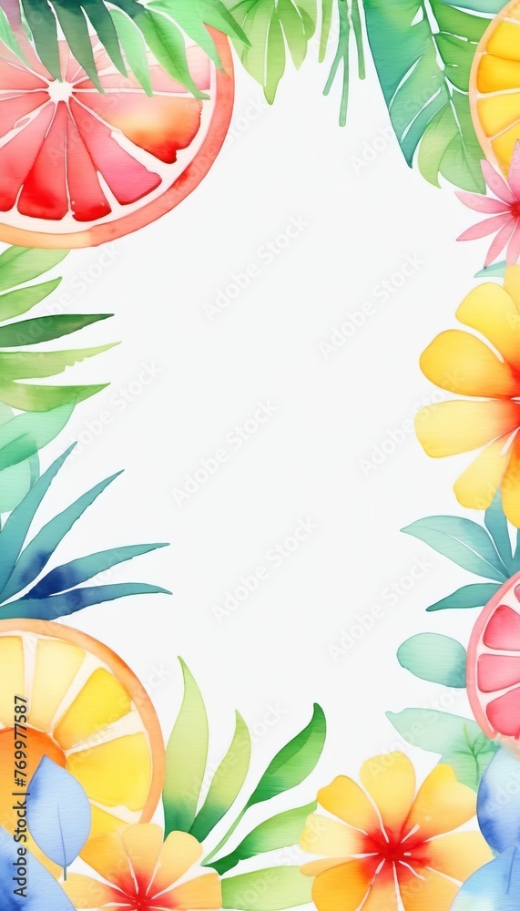 Fototapeta premium Frame summer background, watercolor drawing, template, copy space.