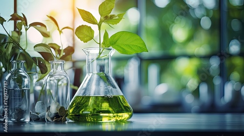 Science and nature concept, green laboratory with test tubes