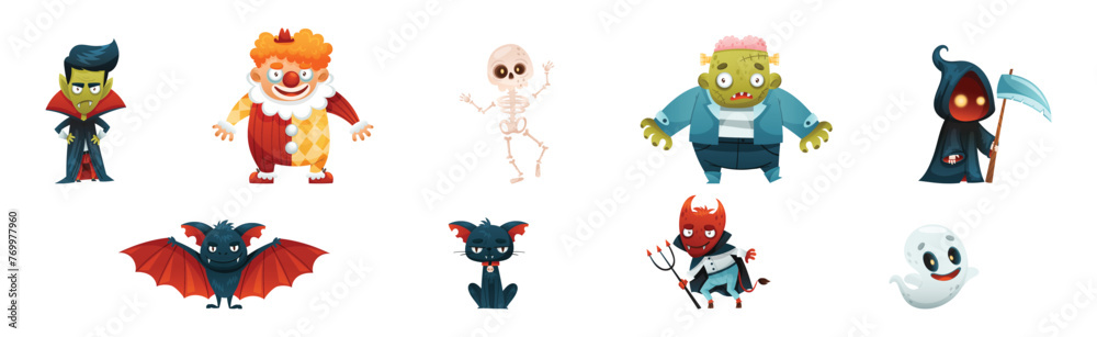 Obraz premium Funny Halloween Character with Clown, Dracula, Skeleton, Death, Bat, Cat, Devil and Ghost Vector Set