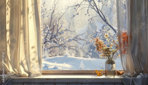 A warm room with white curtains, snow outside the window, and an indoor flower vase on the windowsill © Chand Abdurrafy