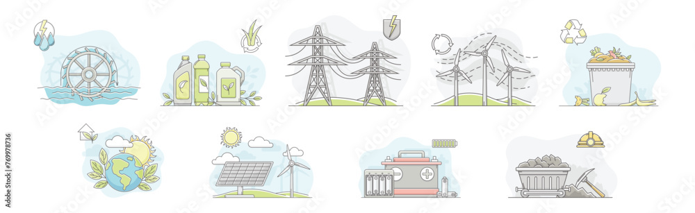 World Natural Renewable Resource and Energy Line Vector Set World Natural Renewable Resource and Energy Line Vector Set