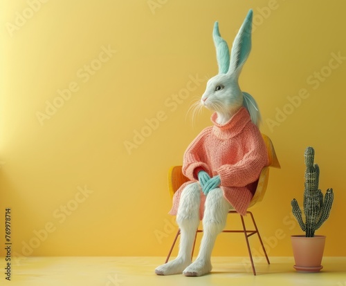 Abstract, creative, illustrated, minimal portrait of a wild animal dressed up as a man in elegant clothes. A rabbit standing on two legs in business modern suit