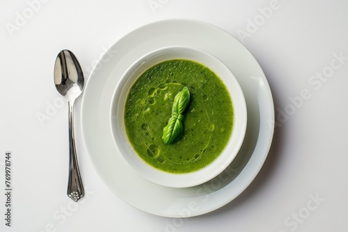 Bowl of green peas cream soup soup, with basil leaves, olive oil on a white plate, dish with a spoon. White table on background
