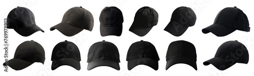 Collection of black baseball caps in various angles isolated cut out on transparent background