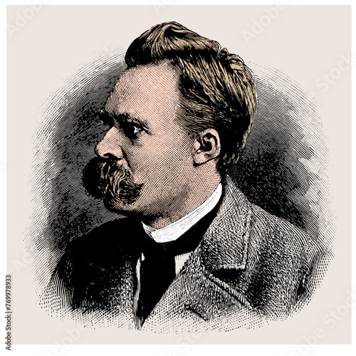vectored colored old engraving of famous german philosopher Friedrich Wilhelm Nietzsche, engraving is from Meyers Lexicon published 1914 - Leipzig, Deutschland © Zlatko Guzmic