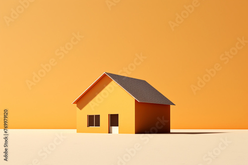 Minimal house symbol. Real estate, mortgage, loan concept. Minimalist yellow house with a buyer inspecting the property, considering a mortgage for buying