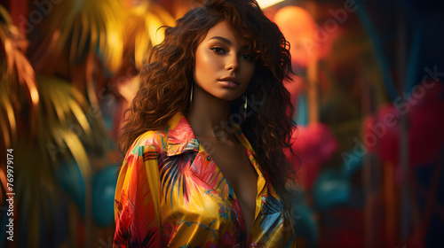 a girl in colorful clothing is standing next to a tropical palm tree