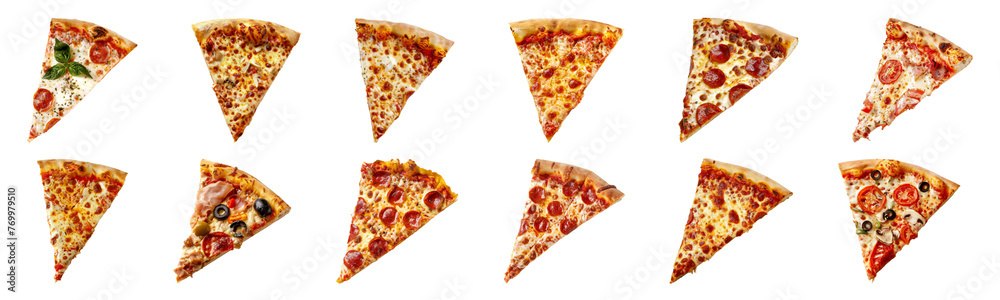 Various pizza slices with diverse toppings cut out on transparent background Various pizza slices with diverse toppings cut out on transparent background