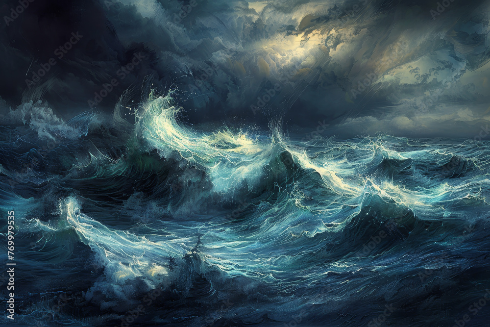 A painting of a stormy ocean with a large wave crashing