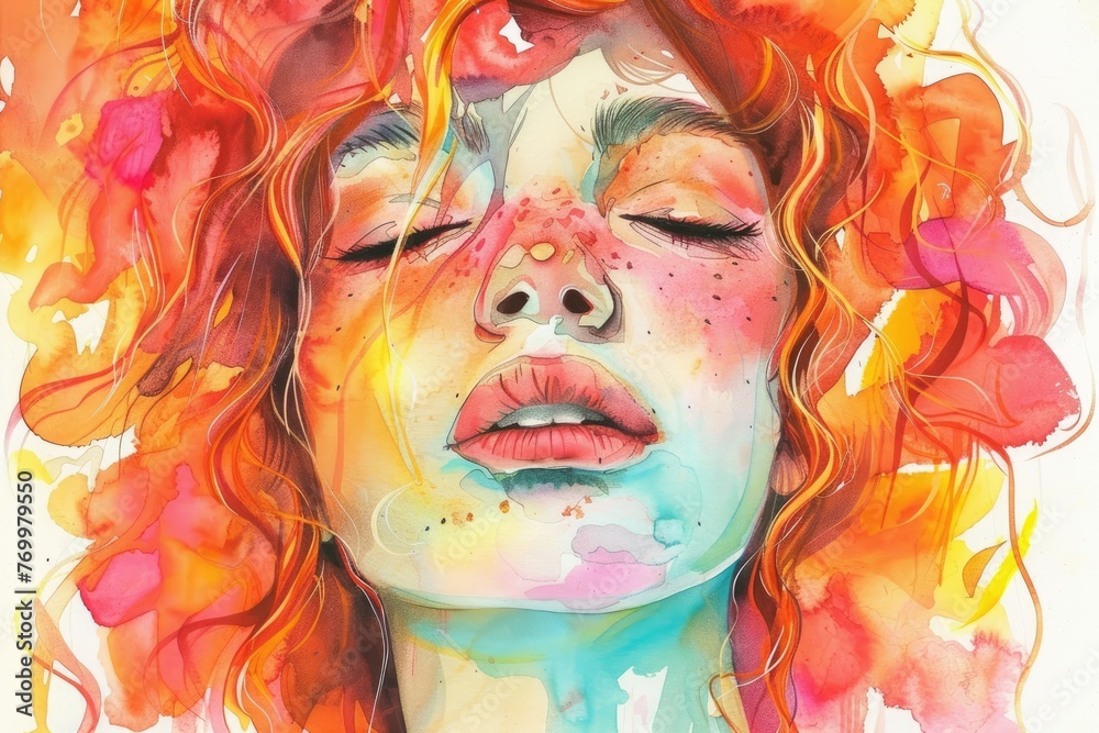 Colorful watercolor portrait of a woman - An artistic watercolor painting of a woman with vibrant colors and flowing hair, evoking emotions of freedom and creativity