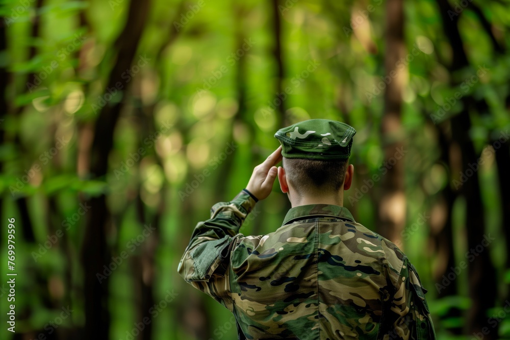 Soldier in camouflage uniform saluting in the forest.
