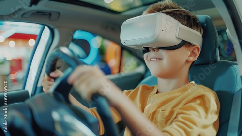 Child in car using virtual reality headset - A young boy sits in the driver seat of a car, engaged with a virtual reality headset, simulating driving experience photo