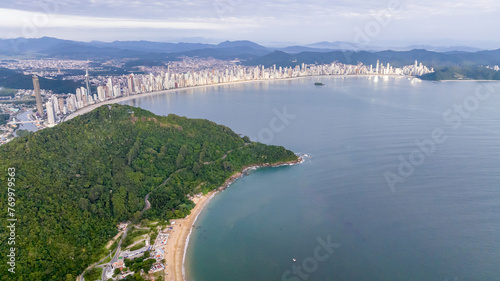 Balneario Camboriu in Santa Catarina. Taquaras Beach and Laranjeiras Beach in Balneario Camboriu. Aerial view in landscape.