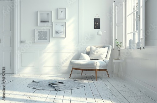 A white interior with white furniture, a chair and coffee table in the center of the room, the wall is decorated with photo frames