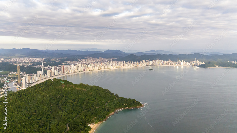 Balneario Camboriu in Santa Catarina. Taquaras Beach and Laranjeiras Beach in Balneario Camboriu. Aerial view in landscape.