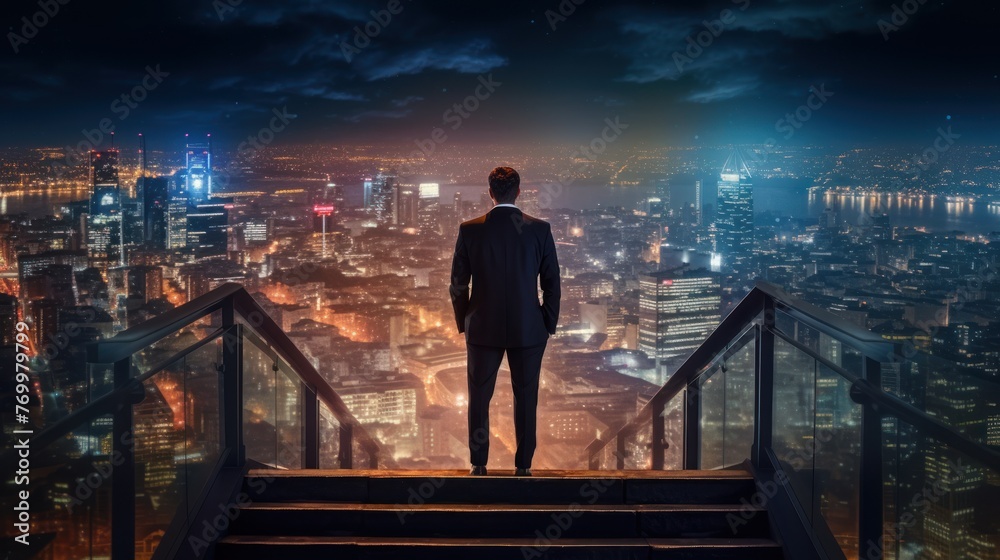Rear view of businessman standing on top of staircase looking at night city. Concept of business growth