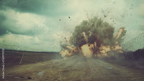 Explosion on deserted road near barbed wire - A shocking explosion tears through a deserted road lined with barbed wire, disrupting the silent atmosphere