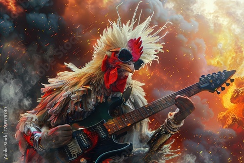 Fiery guitar performance of anthropomorphic rooster - An anthropomorphic rooster, playing an electric guitar with intense passion, depicted against a backdrop of dramatic explosions photo