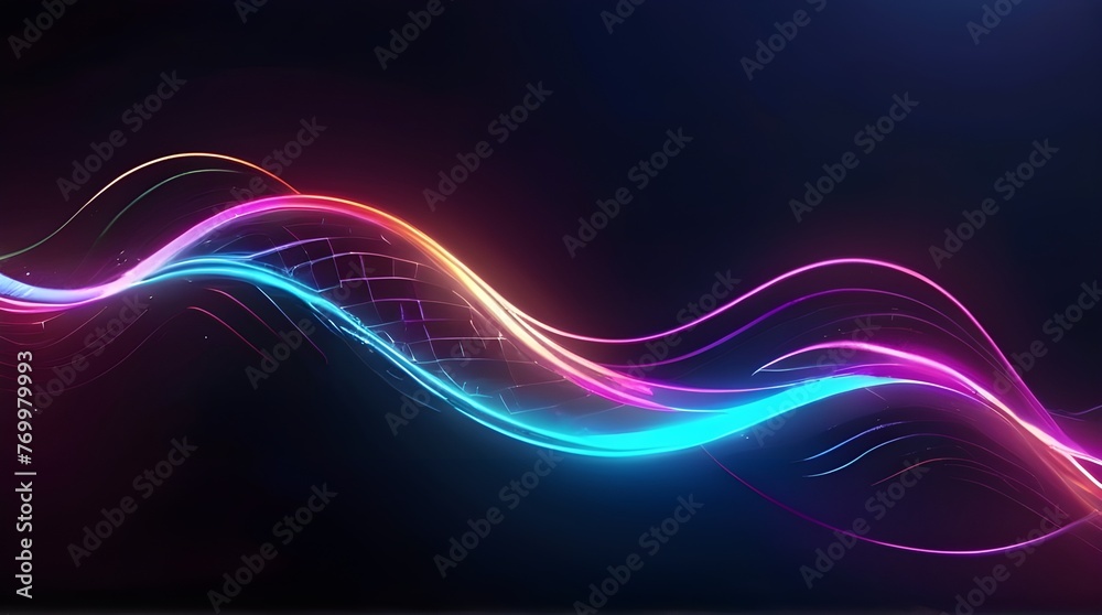 Abstract background with futuristic neon light waves. Modern background. Relaxing rhythm. Generative AI