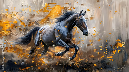 The background is an abstract artistic background. Vintage illustration with horse and golden brush strokes. Textured background. Oil on canvas. Modern Art. Grey  wallpaper  poster  card  mural 
