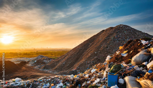 Large pile of waste at a landfill during sunset, showcasing the environmental impact. © LADALIDI