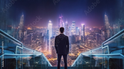 Rear view of businessman standing on top of staircase looking at night city. Concept of business growth