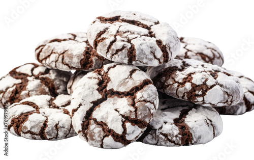 A delicious pile of chocolate crinkle cookies on a pristine white background