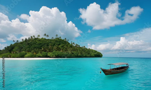 Turquoise ocean with boat, blue sky, white clouds, and tropical island. Perfect summer vacation panorama.