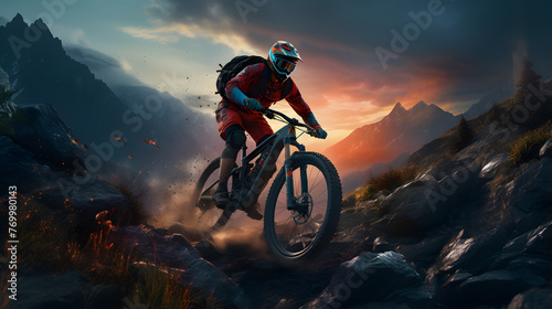 a mountain biker is on the trails in a hazy setting photo