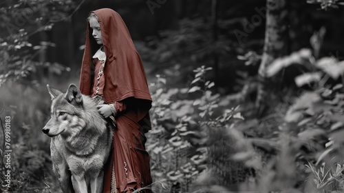 The girl wears a red robe with a wolf in winter photo