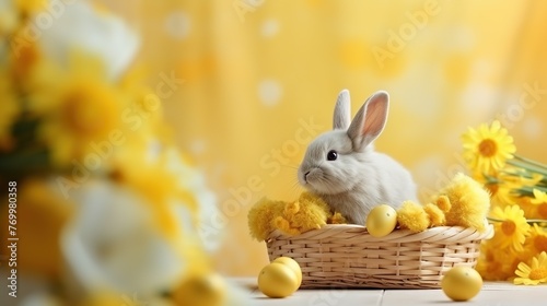 Easter egg with yellow spring flowers and a bunny in a holiday basket on a white table. Easter decoration, minimalist design