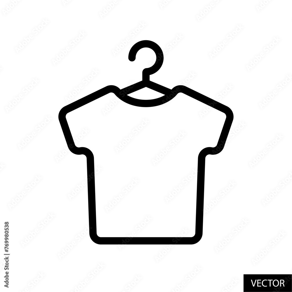 T-shirt on clothes hanger vector icon in line style design for website, app, UI, isolated on white background. Editable stroke. Vector illustration. T-shirt on clothes hanger vector icon in line style design for website, app, UI, isolated on white background. Editable stroke. Vector illustration.