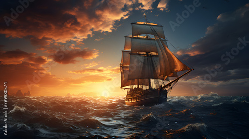 a sail boat sails under light on the ocean © Oleksandr