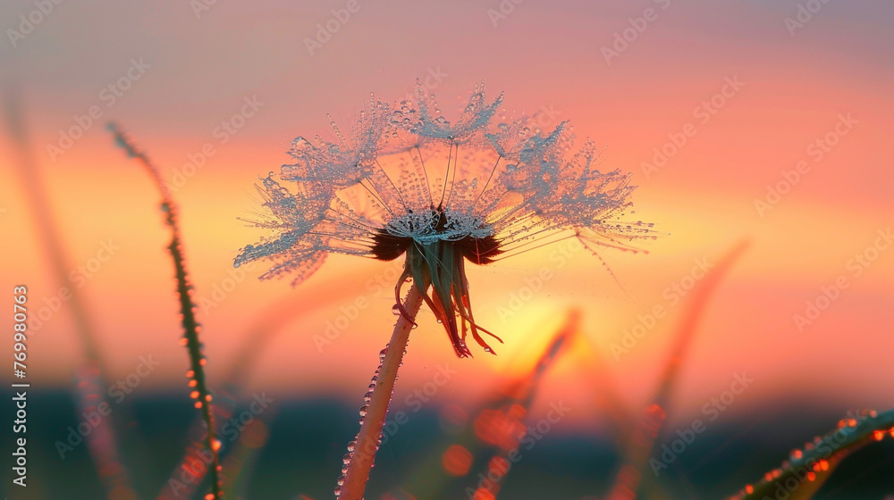 A macro shot of a dew-covered dandelion seed head, ready to take flight, against a serene sky background.