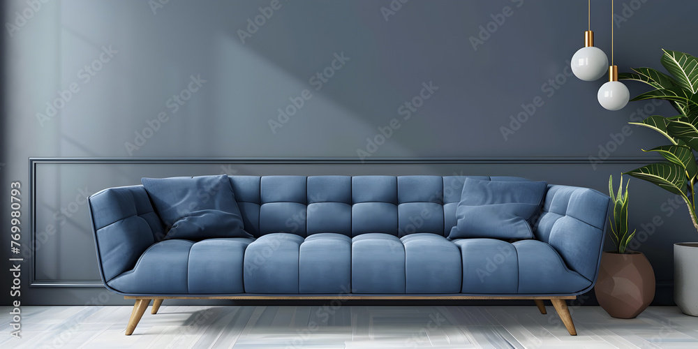 living room interior design with sofa minimal aesthetic blue velvet 3d ...