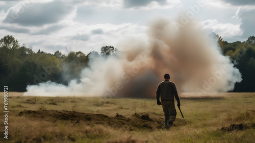 a smoke bomb in a field while a man is shooting at the ground