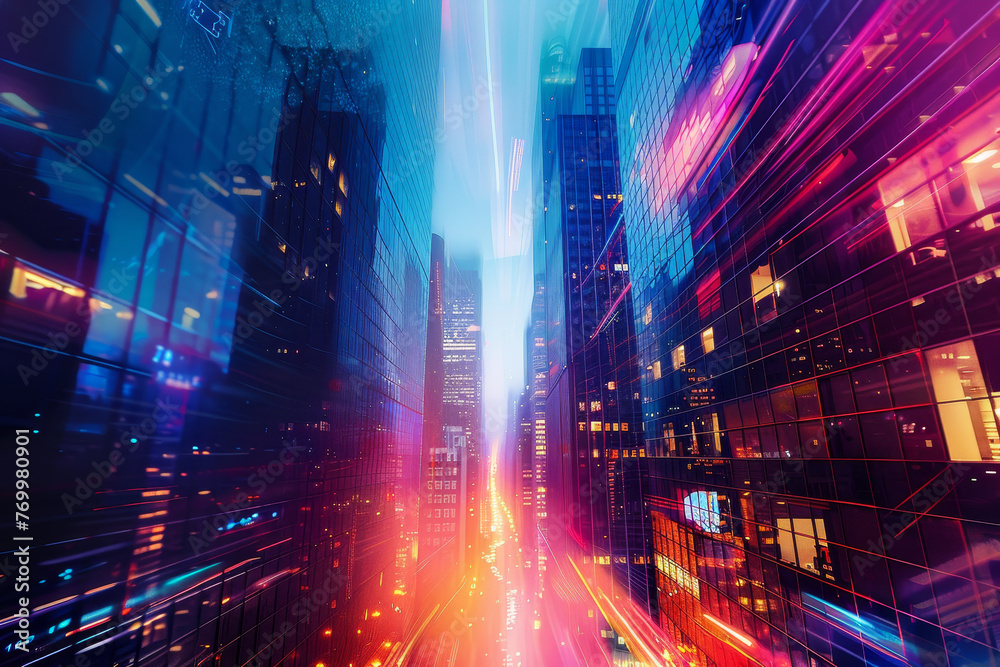 Obraz premium A cityscape with a bright orange and blue sky