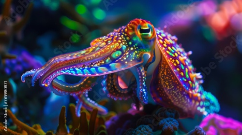 Vibrant Cuttlefish in Colorful Coral Reef - Underwater Delight: Majestic Marine Life Amidst Nature's Aquatic Beauty, with Dancing Fish, Swirling Seaweed, and Tranquil Undersea Serenity