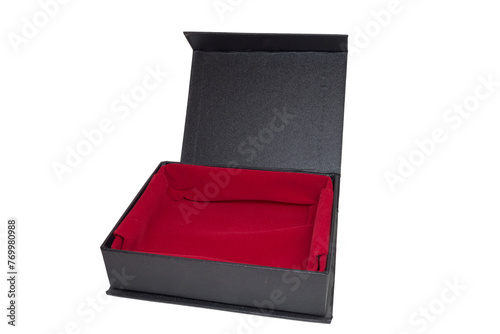luxury wallet gift box. Black hard packing with red silk lining and flip lid on magnet closure. isolated on white background