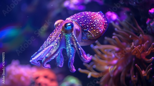 Vibrant Cuttlefish in Colorful Coral Reef - Underwater Delight: Majestic Marine Life Amidst Nature's Aquatic Beauty, with Dancing Fish, Swirling Seaweed, and Tranquil Undersea Serenity