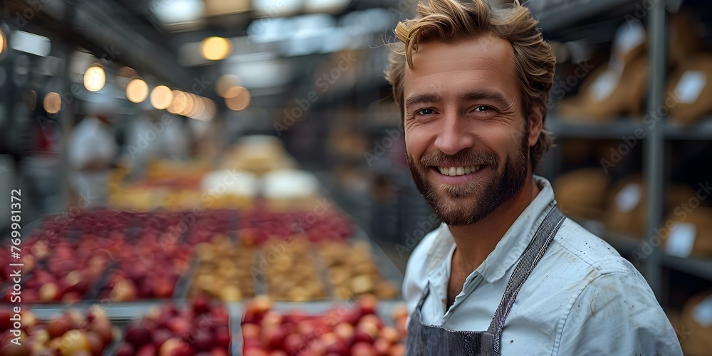A smiling business manager overseeing food production in a factory. Concept Industrial Photography, Food Production, Managerial Role, Factory Setting, Business Operations