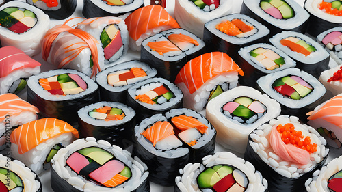 set of beautiful delicious Japanese seafood sushi. illustration on a white background. 